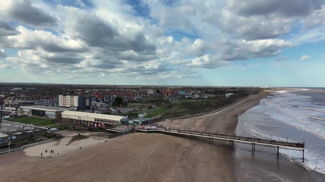 Aerial photo Skegness Pier Lincolnshire UK .Skegness is a seaside town and civil parish in the East Lindsey District of Lincolnshire, England. On the Lincolnshire coast of the North Sea.