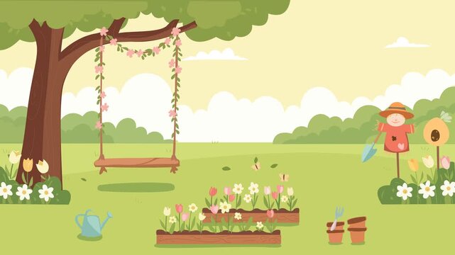 Spring garden animation with a tree swing, blooming tulips, and a cute scarecrow. Flat vector motion graphics of a sunny backyard landscape. Beautiful seasonal video background with copy space
