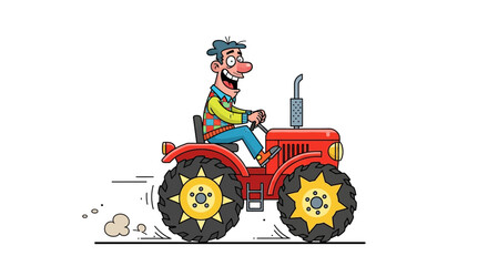 Happy cartoon farmer driving a red tractor isolated on white background © Umi