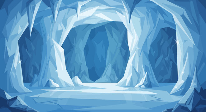 Vector illustration of a blue frozen ice cave with sparkling stalactites.