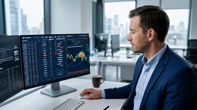 Focused Businessman Analyzing Cryptocurrency Trends on Dual Monitors in Modern Office Space