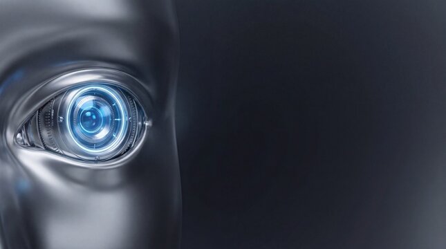 Close-up of a metallic robotic eye looking into the digital future