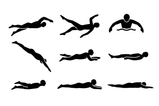 Silhouettes of swimmers performing freestyle backstroke breaststroke dive kick float and glide for sport diagrams.