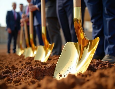 Men in suits use golden shovels to break ground at a construction site. This marks the start of a new project. They are celebrating a milestone.