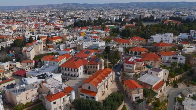 Cinematic Drone Descent Over Holy Bishopric of Pafos Historic Religious Complex Cyprus