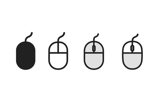 Four style computer mouse icon rendered as solid glyph outline minimal flat color and cartoon version for UI sets.