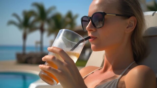 A woman enjoying a refreshing beverage by the pool on a sunny day, a perfect vacation getaway