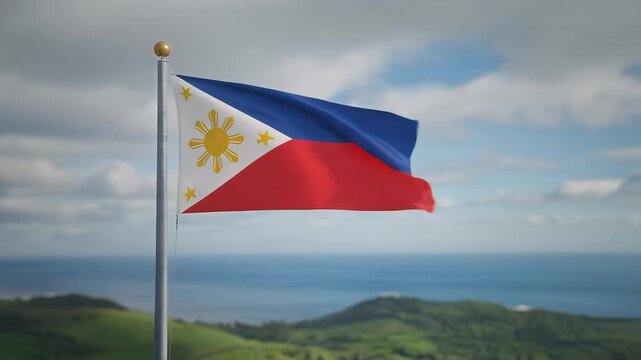 Flag of Philippines Waving in the wind, Sky and Sun Background, Slow Motion, Realistic Animation, 4K UHD 60 FPS Slow-Motion