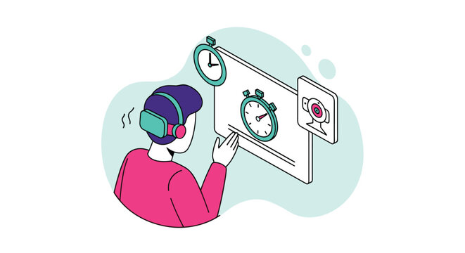 Isometric illustration of a person with headphones looking at a screen with a timer, suggesting online proctoring or time management