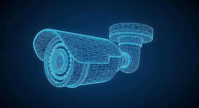 Security camera with blue wireframe design.