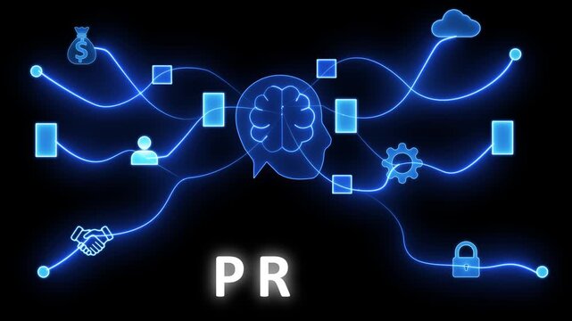 Visual representation of PR concept with interconnected glowing blue and network lines on a dark background Keywords: PR, public relations, communication, media, marketing, strategy