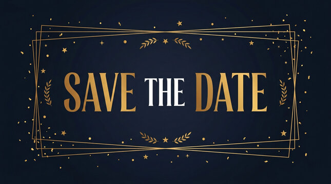 "Save the Date" Text Elegant Event Announcement Card with Gold Details on Dark Navy Background