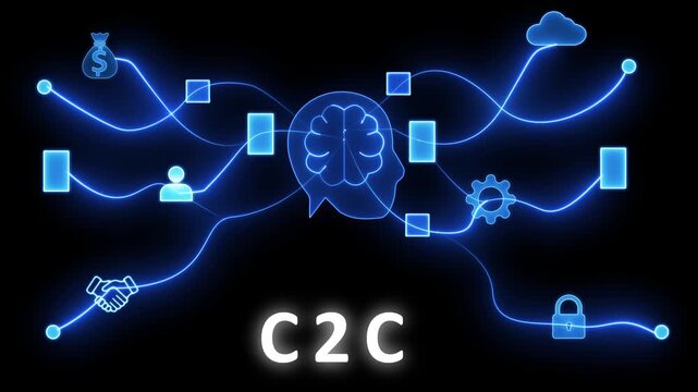 C2 C concept visualized with glowing blue network lines connecting for money bag handshake person cloud gear and lock on black background Keywords: C2 C, consumer to consumer, e-commerce