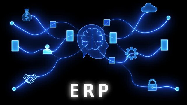 ERP system concept visualized with glowing blue network lines connecting for money bag handshake person cloud gear and lock on black background Keywords: ERP, enterprise resource