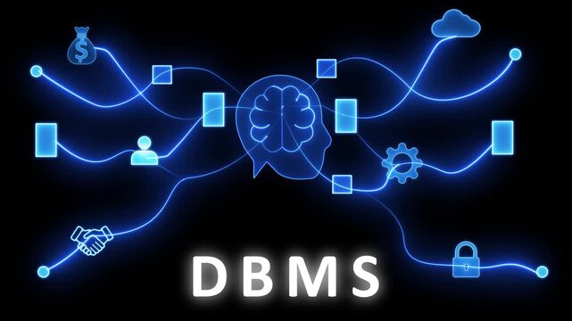 Conceptual of a database management system network with glowing blue lines connecting for brain human head money bag handshake cloud lock and gear on black background