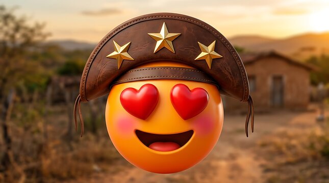 Emoji wearing northeastern brazilian hat with heart eyes and joyful smile in rural landscape during sunset.