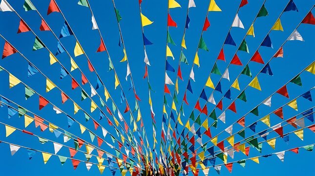 Many colorful triangle flags strung on ropes against a clear blue sky for a celebration or festival event.