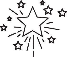 Obraz premium A black and white line drawing depicts a large star with radiating lines emanating from its center. Smaller stars are scattered around the central star, creating a burst effect.
