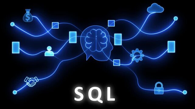 Digital network connecting various business with a central brain and the word SQL in neon blue light against a black background Keywords: SQL, Structured Query Language, database, data