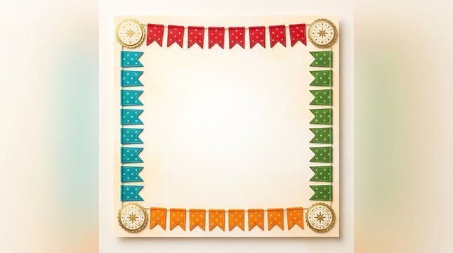 Festive square frame border composed of colorful paper flags and decorative gold ornaments on cream background for june festival designs.