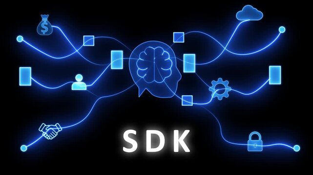 Digital network visualization depicting a human head with a brain at the center connected by glowing blue lines to various business and technology symbols including a money bag, handshake
