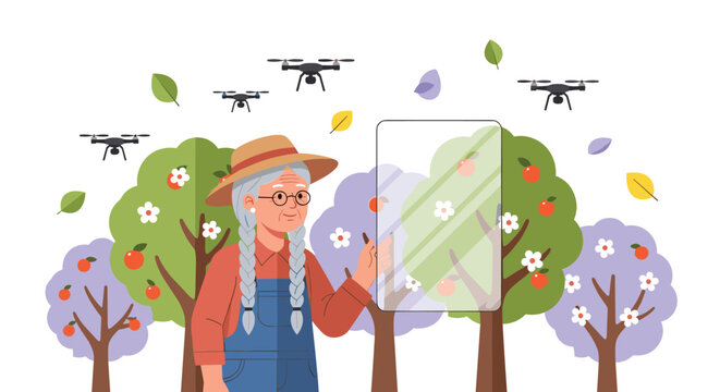 An elderly female farmer uses a futuristic transparent tablet to manage her smart farm with drones flying over the apple orchard.