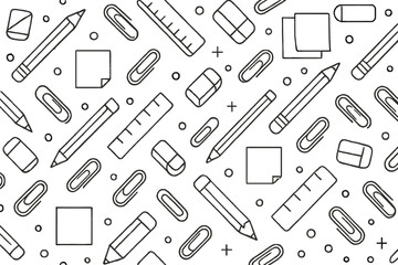 Obraz premium Pattern featuring stationery motifs like pencils paper clips erasers rulers sticky notes dots and tiny accents for wrapping and supplies.