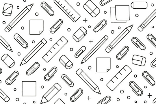 Pattern featuring stationery motifs like pencils paper clips erasers rulers sticky notes dots and tiny accents for wrapping and supplies.