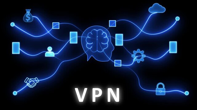 Secure network visualization with a central brain and connected security symbols, including a lock and cloud, with the text VPN on a black background representing digital protection
