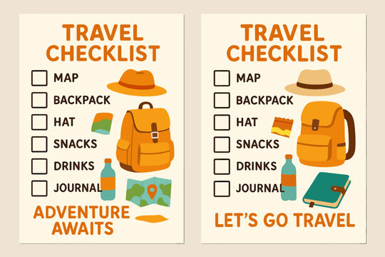 Two A4 banners showing travel checklists with maps backpacks hats snacks drinks journals and cheerful quotes.