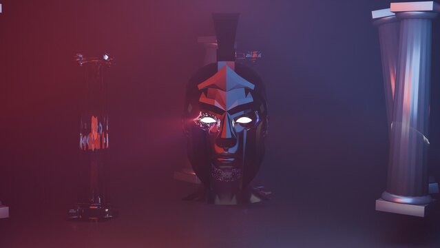 Futuristic Gladiator Mask with Columns Futuristic Gladiator Mask 3D Rendering Columns Light Effects Cyberpunk. Concept featuring futuristic, gladiator, mask, 3d rendering, columns for professional ...