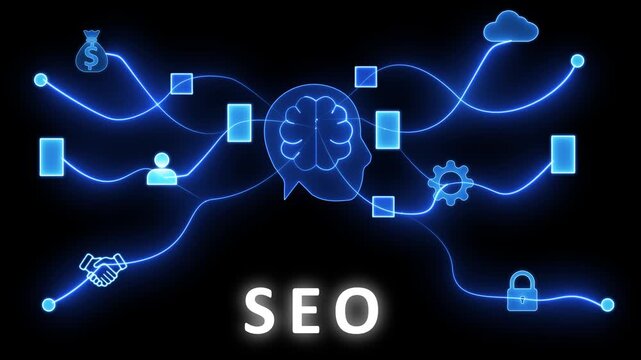 Search engine optimization network with a central brain and connected digital marketing symbols, including a money bag and handshake, with the text SEO on a black background