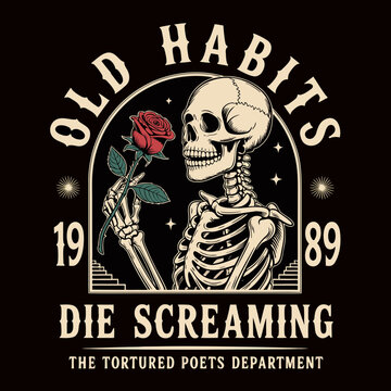 A vintage-style horror t-shirt design with a black background featuring a detailed skeleton holding a red rose
