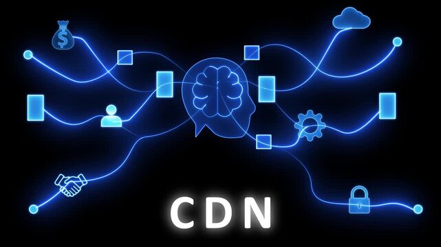 Abstract digital network with glowing blue lines connecting of a brain, head, handshake, money bag, user, cloud, lock, gear, and squares against a black background with the text CDN
