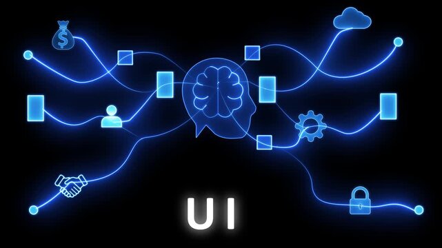 Digital network visualization with glowing blue lines connecting of a brain, head, handshake, money bag, user, cloud, lock, gear, and squares against a black background with the text UI