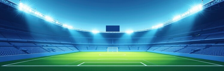 Obraz premium Brightly lit soccer stadium with empty blue seats and green field. Wide stadium perspective, arena floodlights illuminate grass pitch. Sports complex background for game or event.