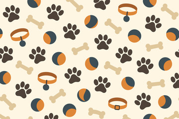 Fototapeta premium Pets animals nature vector seamless pattern featuring pawprints bones balls and collars.
