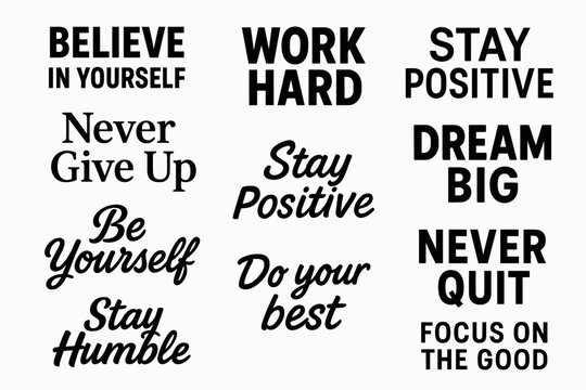 Motivational phrase message vector wordmark logo set offering typographic diversity.