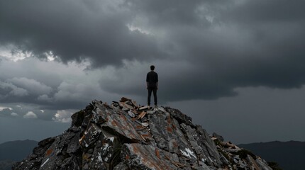Obraz premium Person Standing Alone on Rocky Mountain Under Dramatic Cloudy Sky
