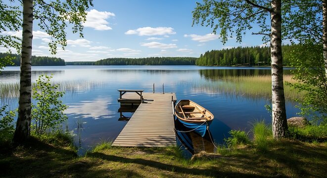 Serene Lake Scene with Wooden Dock and Boat.