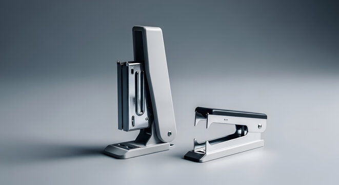 Stapler and staples on desk surface.