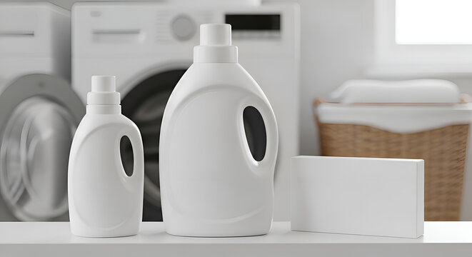 Laundry detergent bottles on shelf.