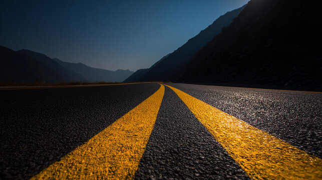Low angle view of empty asphalt road with yellow lines at twilight