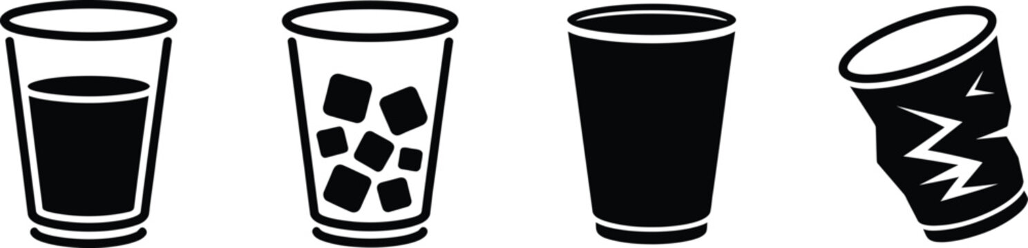 Set of four black and white vector icons representing different types of drinking cups and containers