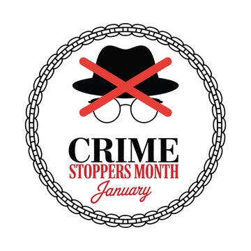 Crime stoppers month January logo with hat and glasses, vector illustration