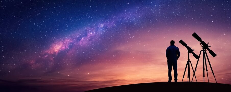 workshops instruction practical concept. Person stargazing with telescopes under a vibrant starry night sky