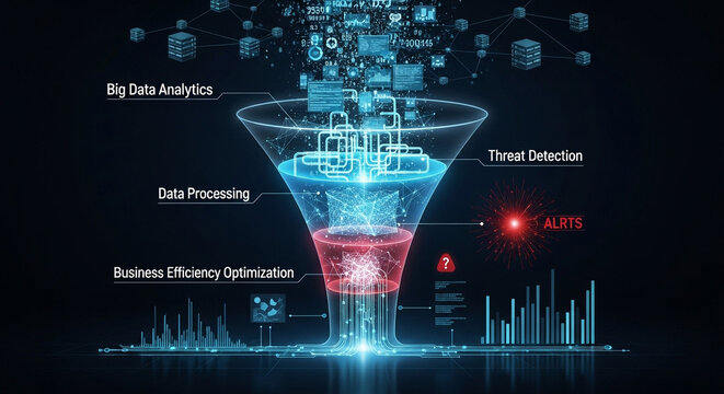Big data analytics and threat detection funnel processing information for business efficiency optimization.