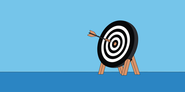 A single arrow has successfully hit the bullseye on a dartboard supported by wooden legs