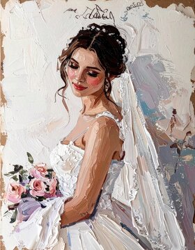 vintage portrait paining of a beautiful bride in wedding dress 
