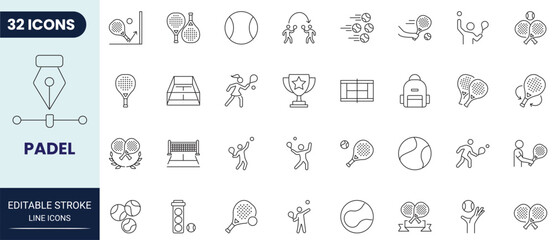 Padel icon set in outline style. Collection of padel, racket, ball, sport, court, and game. Editable stroke. Vector icon collection. © Gretta